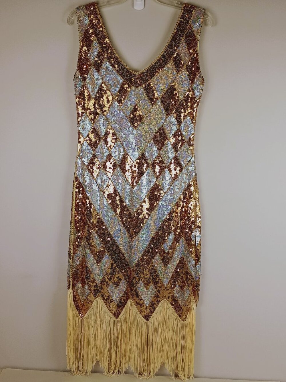 Womens M Gold Silver Sequined Beaded Fringe 1920s Style Lined Flapper Dress